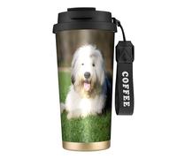 YXDVPALNE Cane da pastore inglese antico,Tazza da caffè in acciaio inossidabile 316 con cordino, bicchiere termico da viaggio per auto, 500 ml