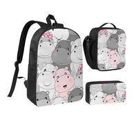 YXDVPALNE Carini cuccioli di ippopotamo,Zaino per studenti, borsa per il pranzo, astuccio portapenne, set da 3 pezzi