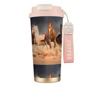 YXDVPALNE Cavalli marroni al galoppo nel deserto stampati,Tazza da caffè in acciaio inossidabile 316 con cordino, bicchiere termico da viaggio per auto, 500 ml