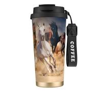 YXDVPALNE Cavallo selvaggio che corre contro la tempesta di sabbia,Tazza da caffè in acciaio inossidabile 316 con cordino, bicchiere termico da viaggio per auto, 500 ml