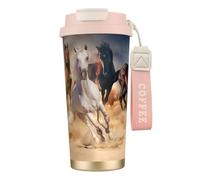 YXDVPALNE Cavallo selvaggio che corre contro la tempesta di sabbia,Tazza da caffè in acciaio inossidabile 316 con cordino, bicchiere termico da viaggio per auto, 500 ml