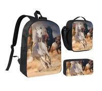 YXDVPALNE Cavallo selvaggio che corre contro la tempesta di sabbia,Zaino per studenti, borsa per il pranzo, astuccio portapenne, set da 3 pezzi