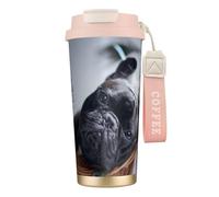 YXDVPALNE Centro commerciale Bulldog francesi Cani neri Animali domestici,Tazza da caffè in acciaio inossidabile 316 con cordino, bicchiere termico da viaggio per auto, 500 ml