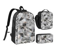 YXDVPALNE Cristallo con texture a diamante,Zaino per studenti, borsa per il pranzo, astuccio portapenne, set da 3 pezzi
