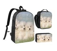 YXDVPALNE Cuccioli di Samoiedo Cani Bianchi Famiglia Piccolo Samoiedo,Zaino per studenti, borsa per il pranzo, astuccio portapenne, set da 3 pezzi