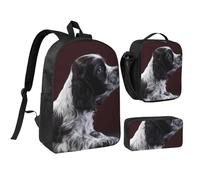 YXDVPALNE Cucciolo di Cocker Spaniel Spaniel bianco e nero,Zaino per studenti, borsa per il pranzo, astuccio portapenne, set da 3 pezzi