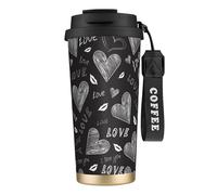YXDVPALNE Cuori scritti a mano, parole d'amore,Tazza da caffè in acciaio inossidabile 316 con cordino, bicchiere termico da viaggio per auto, 500 ml