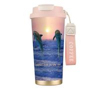 YXDVPALNE Delfino tursiope all'alba,Tazza da caffè in acciaio inossidabile 316 con cordino, bicchiere termico da viaggio per auto, 500 ml