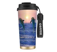 YXDVPALNE Delfino tursiope all'alba,Tazza da caffè in acciaio inossidabile 316 con cordino, bicchiere termico da viaggio per auto, 500 ml