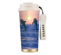 YXDVPALNE Delfino tursiope all'alba,Tazza da caffè in acciaio inossidabile 316 con cordino, bicchiere termico da viaggio per auto, 500 ml