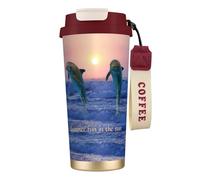 YXDVPALNE Delfino tursiope all'alba,Tazza da caffè in acciaio inossidabile 316 con cordino, bicchiere termico da viaggio per auto, 500 ml