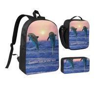 YXDVPALNE Delfino tursiope all'alba,Zaino per studenti, borsa per il pranzo, astuccio portapenne, set da 3 pezzi
