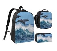 YXDVPALNE Delfino tursiope comune,Zaino per studenti, borsa per il pranzo, astuccio portapenne, set da 3 pezzi