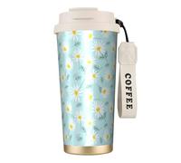 YXDVPALNE Delicata margherita floreale blu e bianca,Tazza da caffè in acciaio inossidabile 316 con cordino, bicchiere termico da viaggio per auto, 500 ml