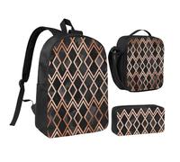 YXDVPALNE Diamanti Geo Rame e Nero,Zaino per studenti, borsa per il pranzo, astuccio portapenne, set da 3 pezzi