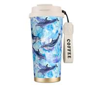YXDVPALNE Dipingere il delfino,Tazza da caffè in acciaio inossidabile 316 con cordino, bicchiere termico da viaggio per auto, 500 ml