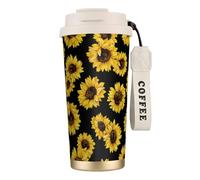 YXDVPALNE Disegno del girasole,Tazza da caffè in acciaio inossidabile 316 con cordino, bicchiere termico da viaggio per auto, 500 ml