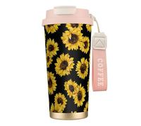 YXDVPALNE Disegno del girasole,Tazza da caffè in acciaio inossidabile 316 con cordino, bicchiere termico da viaggio per auto, 500 ml