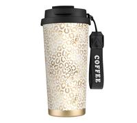 YXDVPALNE Elegante leopardo bianco oro ghepardo,Tazza da caffè in acciaio inossidabile 316 con cordino, bicchiere termico da viaggio per auto, 500 ml