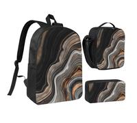 YXDVPALNE Elegante marmo nero con venature oro e rame,Zaino per studenti, borsa per il pranzo, astuccio portapenne, set da 3 pezzi
