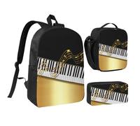 YXDVPALNE Elegante tasto per pianoforte con note dorate nere,Zaino per studenti, borsa per il pranzo, astuccio portapenne, set da 3 pezzi
