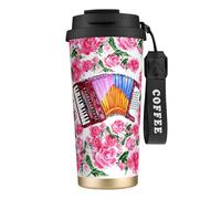 YXDVPALNE Fiore a fisarmonica acquerello rosa,Tazza da caffè in acciaio inossidabile 316 con cordino, bicchiere termico da viaggio per auto, 500 ml