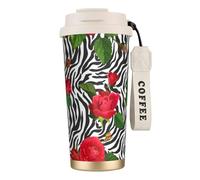 YXDVPALNE Fiore rosso animale zebra,Tazza da caffè in acciaio inossidabile 316 con cordino, bicchiere termico da viaggio per auto, 500 ml