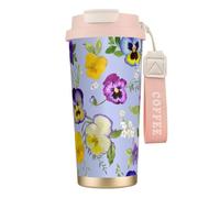 YXDVPALNE Fiori di viola del pensiero,Tazza da caffè in acciaio inossidabile 316 con cordino, bicchiere termico da viaggio per auto, 500 ml