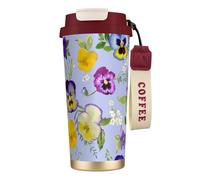 YXDVPALNE Fiori di viola del pensiero,Tazza da caffè in acciaio inossidabile 316 con cordino, bicchiere termico da viaggio per auto, 500 ml