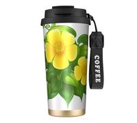 YXDVPALNE Fiori gialli nel cespuglio verde,Tazza da caffè in acciaio inossidabile 316 con cordino, bicchiere termico da viaggio per auto, 500 ml