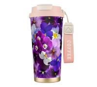 YXDVPALNE Fiori primaverili di Pasqua con viola del pensiero,Tazza da caffè in acciaio inossidabile 316 con cordino, bicchiere termico da viaggio per auto, 500 ml