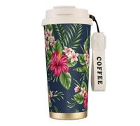 YXDVPALNE Fiori tropicali Frangipani Ibisco,Tazza da caffè in acciaio inossidabile 316 con cordino, bicchiere termico da viaggio per auto, 500 ml