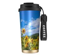 YXDVPALNE Girasole Mare E Cielo Azzurro Nuvole Bianche,Tazza da caffè in acciaio inossidabile 316 con cordino, bicchiere termico da viaggio per auto, 500 ml