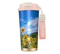 YXDVPALNE Girasole Mare E Cielo Azzurro Nuvole Bianche,Tazza da caffè in acciaio inossidabile 316 con cordino, bicchiere termico da viaggio per auto, 500 ml