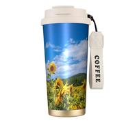 YXDVPALNE Girasole Mare E Cielo Azzurro Nuvole Bianche,Tazza da caffè in acciaio inossidabile 316 con cordino, bicchiere termico da viaggio per auto, 500 ml