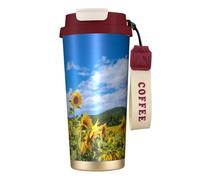YXDVPALNE Girasole Mare E Cielo Azzurro Nuvole Bianche,Tazza da caffè in acciaio inossidabile 316 con cordino, bicchiere termico da viaggio per auto, 500 ml