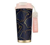 YXDVPALNE Gradiente dorato lineare con foglie di Ginkgo Biloba,Tazza da caffè in acciaio inossidabile 316 con cordino, bicchiere termico da viaggio per auto, 500 ml