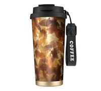 YXDVPALNE Lino autunnale marrone beige foglie dorate,Tazza da caffè in acciaio inossidabile 316 con cordino, bicchiere termico da viaggio per auto, 500 ml