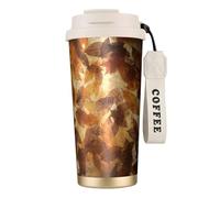 YXDVPALNE Lino autunnale marrone beige foglie dorate,Tazza da caffè in acciaio inossidabile 316 con cordino, bicchiere termico da viaggio per auto, 500 ml