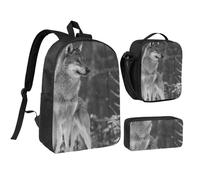 YXDVPALNE Lupo selvaggio stampato,Zaino per studenti, borsa per il pranzo, astuccio portapenne, set da 3 pezzi