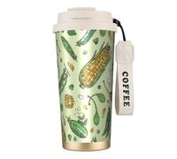 YXDVPALNE Mais, piselli, baccello, fagioli, baccello, cappero,Tazza da caffè in acciaio inossidabile 316 con cordino, bicchiere termico da viaggio per auto, 500 ml