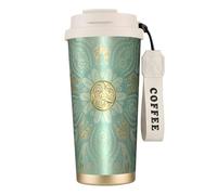 YXDVPALNE Mandala celtico verde salvia e oro,Tazza da caffè in acciaio inossidabile 316 con cordino, bicchiere termico da viaggio per auto, 500 ml
