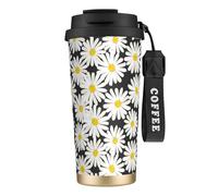 YXDVPALNE Margherita bianca nera,Tazza da caffè in acciaio inossidabile 316 con cordino, bicchiere termico da viaggio per auto, 500 ml