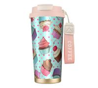 YXDVPALNE Modello di cupcake stampato,Tazza da caffè in acciaio inossidabile 316 con cordino, bicchiere termico da viaggio per auto, 500 ml