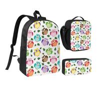 YXDVPALNE Modello di gufo con foglie chiuse e occhi incrociati, divertente, umoristico, comico, artistico,Zaino per studenti, borsa per il pranzo, astuccio portapenne, set da 3 pezzi