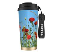 YXDVPALNE Papaveri nel cielo azzurro,Tazza da caffè in acciaio inossidabile 316 con cordino, bicchiere termico da viaggio per auto, 500 ml