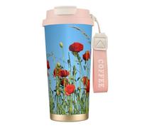 YXDVPALNE Papaveri nel cielo azzurro,Tazza da caffè in acciaio inossidabile 316 con cordino, bicchiere termico da viaggio per auto, 500 ml