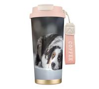 YXDVPALNE Pastore australiano invernale bianco neve grigio cani,Tazza da caffè in acciaio inossidabile 316 con cordino, bicchiere termico da viaggio per auto, 500 ml