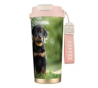 YXDVPALNE Pastore francese Beauceron cucciolo nero carino,Tazza da caffè in acciaio inossidabile 316 con cordino, bicchiere termico da viaggio per auto, 500 ml