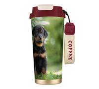 YXDVPALNE Pastore francese Beauceron cucciolo nero carino,Tazza da caffè in acciaio inossidabile 316 con cordino, bicchiere termico da viaggio per auto, 500 ml